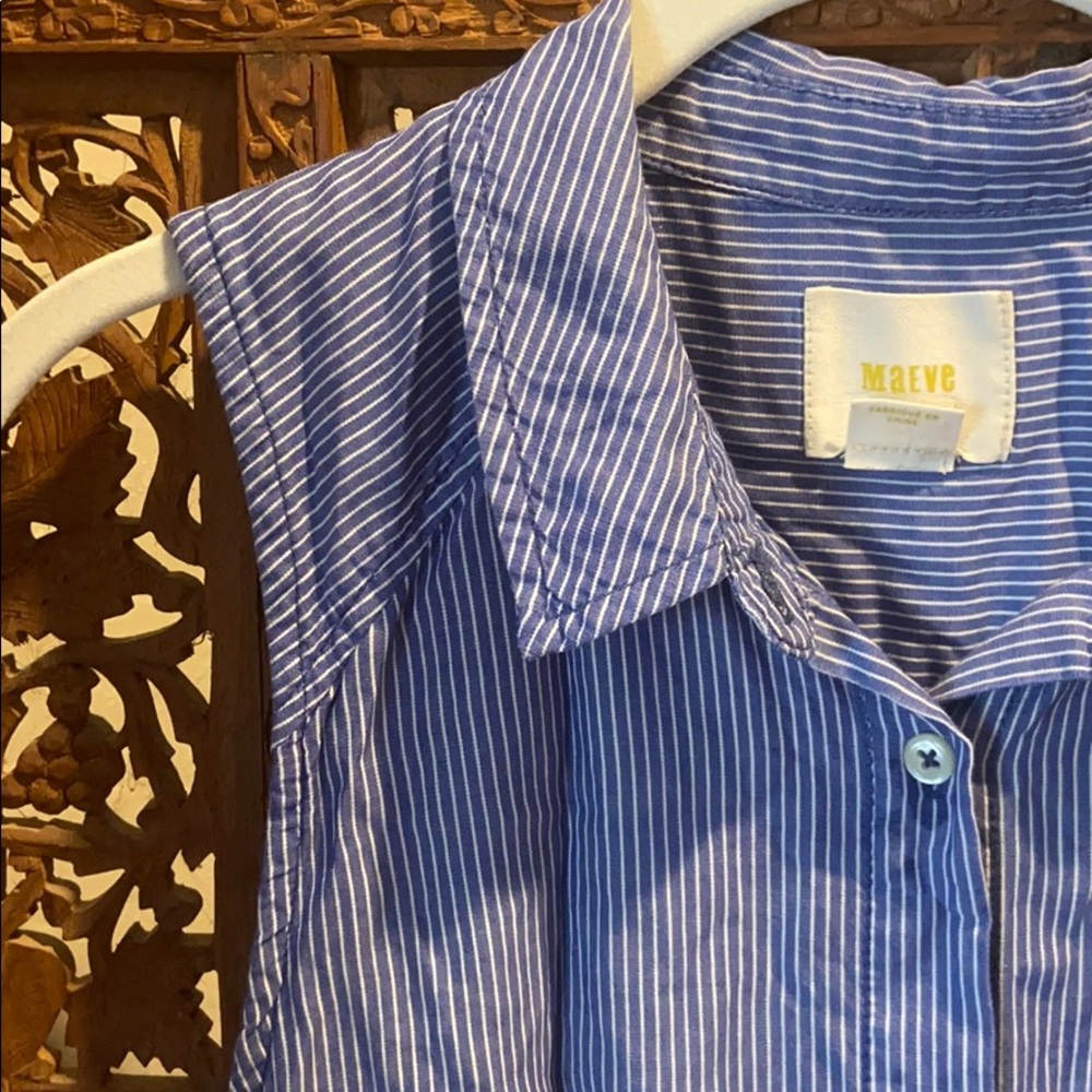 Blue and white striped sleeveless shirt dress